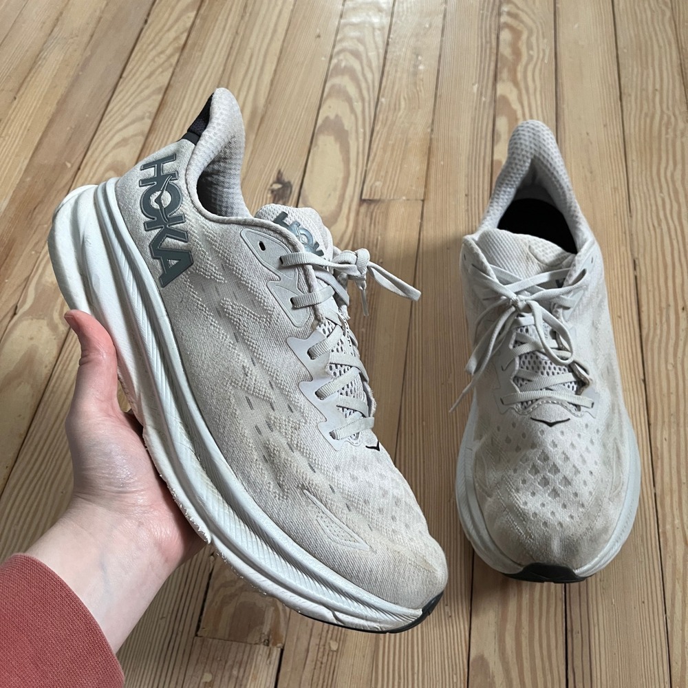 Hoka Clifton 9 Running Shoes Mens 12.5D White Grey Mesh Road Training Sneakers